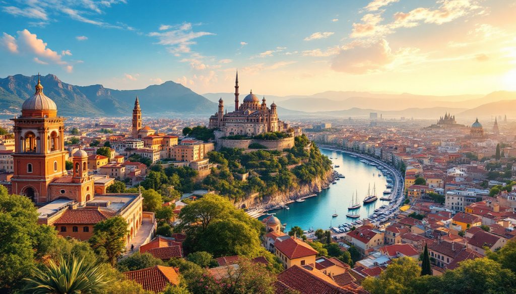 A photograph of a breathtaking panoramic view of a vibrant travel destination that showcases its unique culture