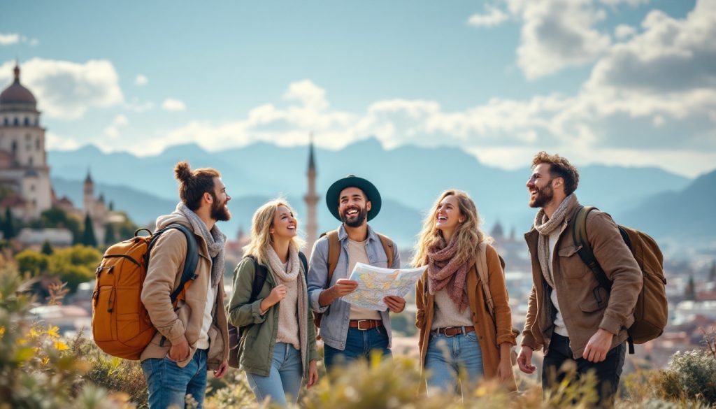 A photograph of a diverse group of travelers joyfully exploring a scenic destination