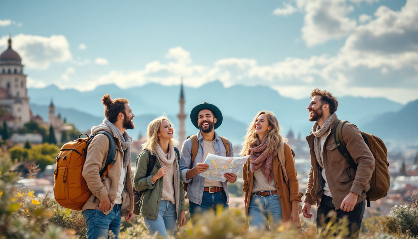 A photograph of a diverse group of travelers joyfully exploring a scenic destination