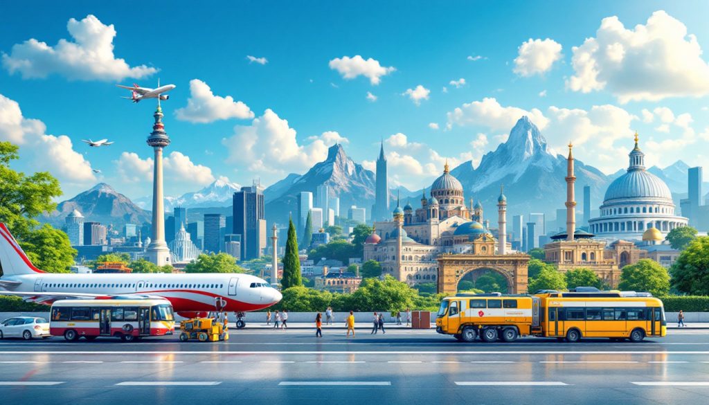 A photograph of a vibrant travel scene that showcases diverse modes of transportation