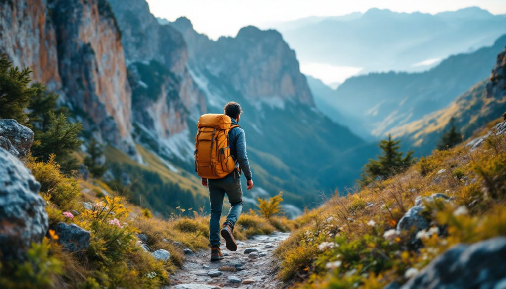 A photograph of a solo traveler navigating a scenic mountain trail with a well-packed backpack
