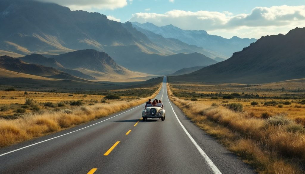 A photograph of capture a photograph of a scenic open road stretching through picturesque landscapes