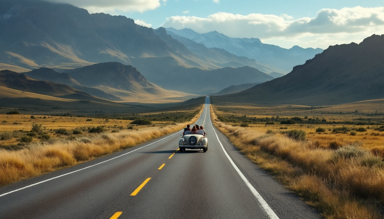 A photograph of capture a photograph of a scenic open road stretching through picturesque landscapes