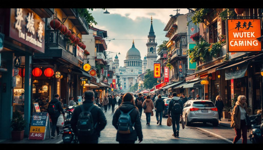 A photograph of a vibrant and bustling street scene in one of the featured international destinations