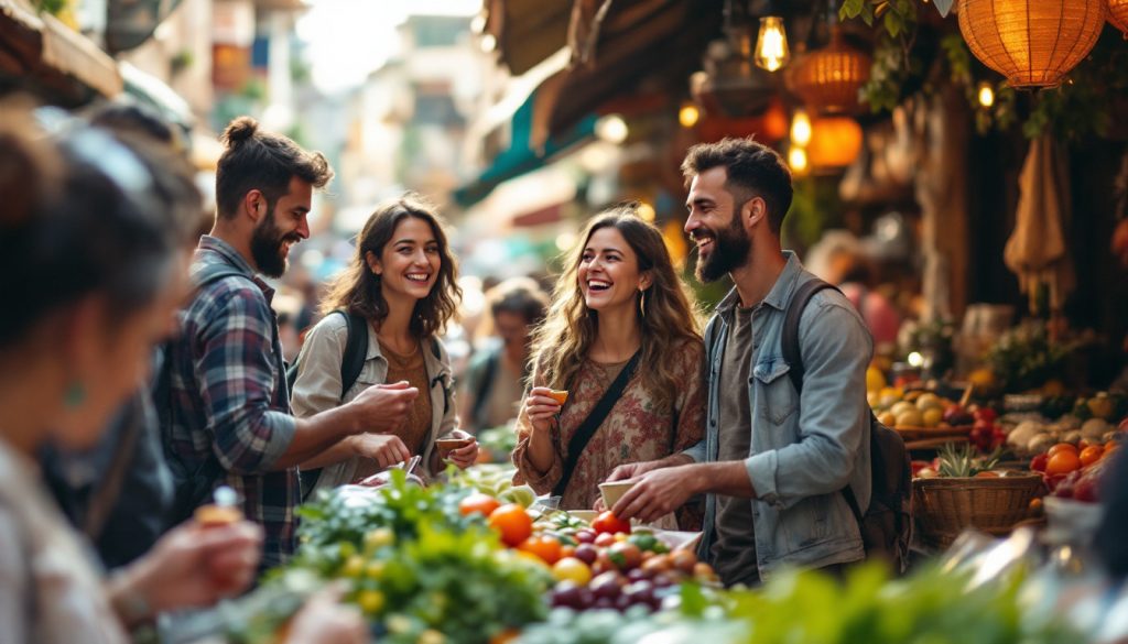 A photograph of a diverse group of travelers joyfully exploring a vibrant local market