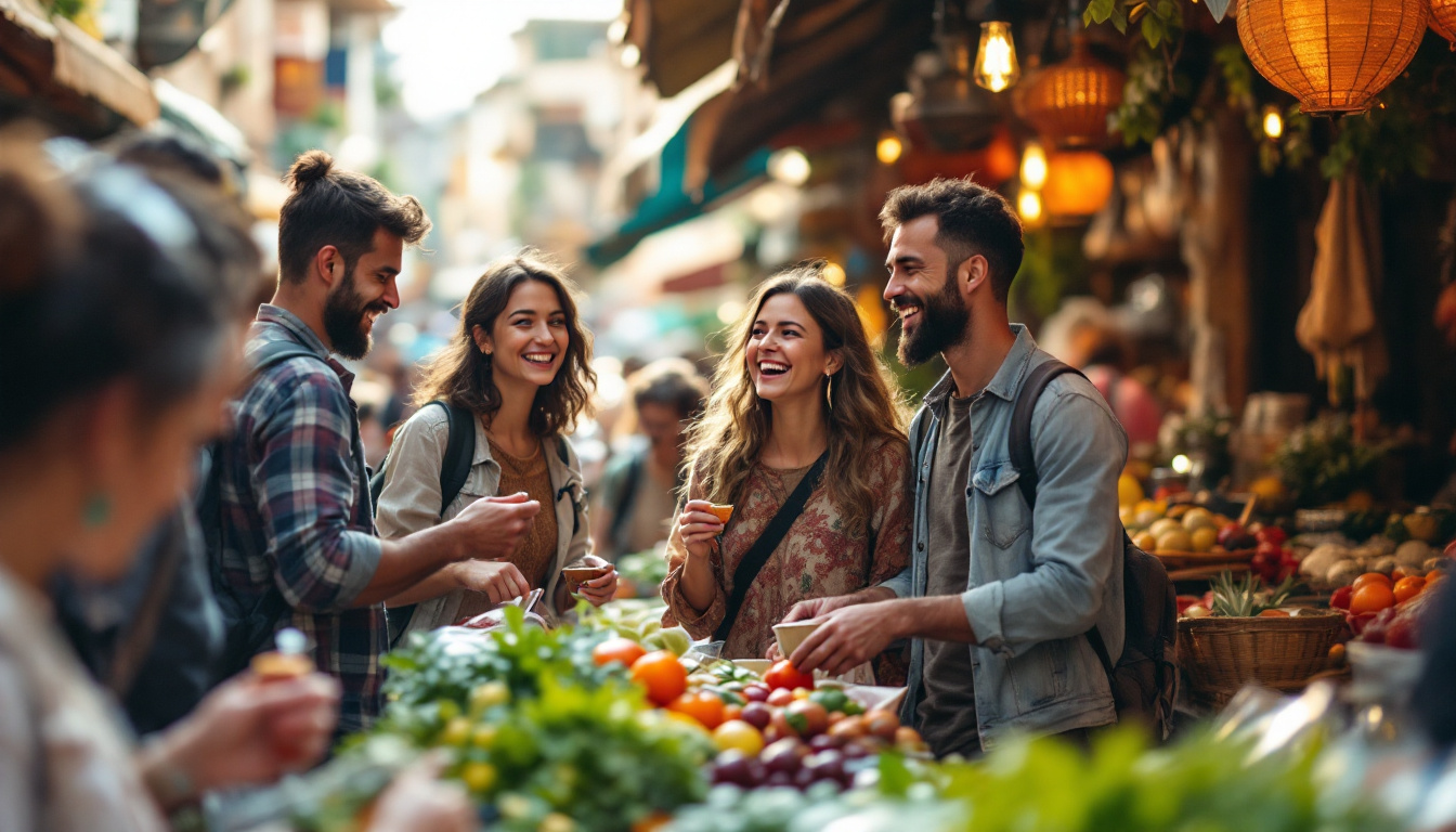 A photograph of a diverse group of travelers joyfully exploring a vibrant local market