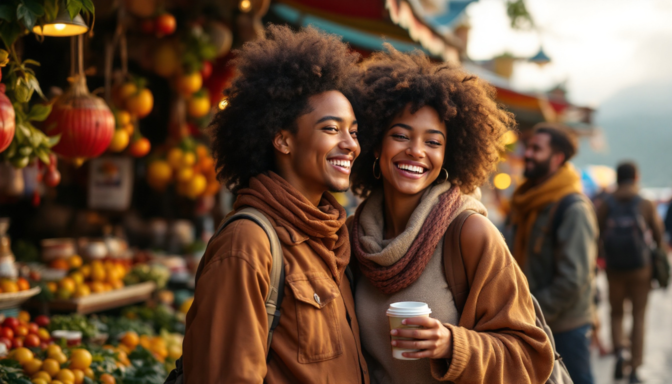 A photograph of capture a photograph of a diverse group of travelers joyfully exploring a vibrant market or scenic landscape together