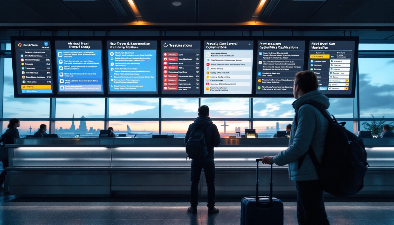 A photograph of a traveler standing at an airport check-in counter