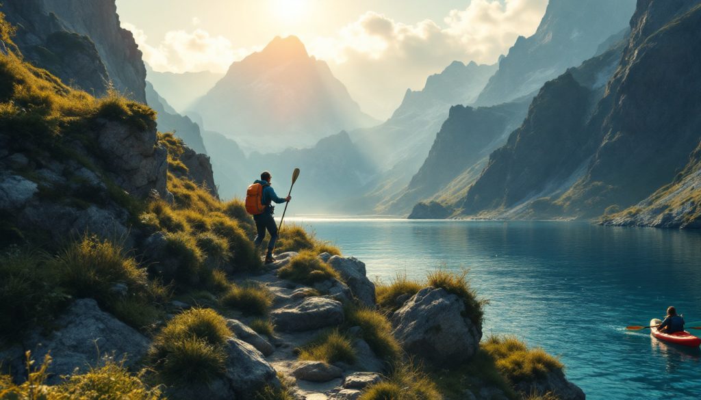 A photograph of capture a photograph of an adventurous traveler navigating a breathtaking landscape