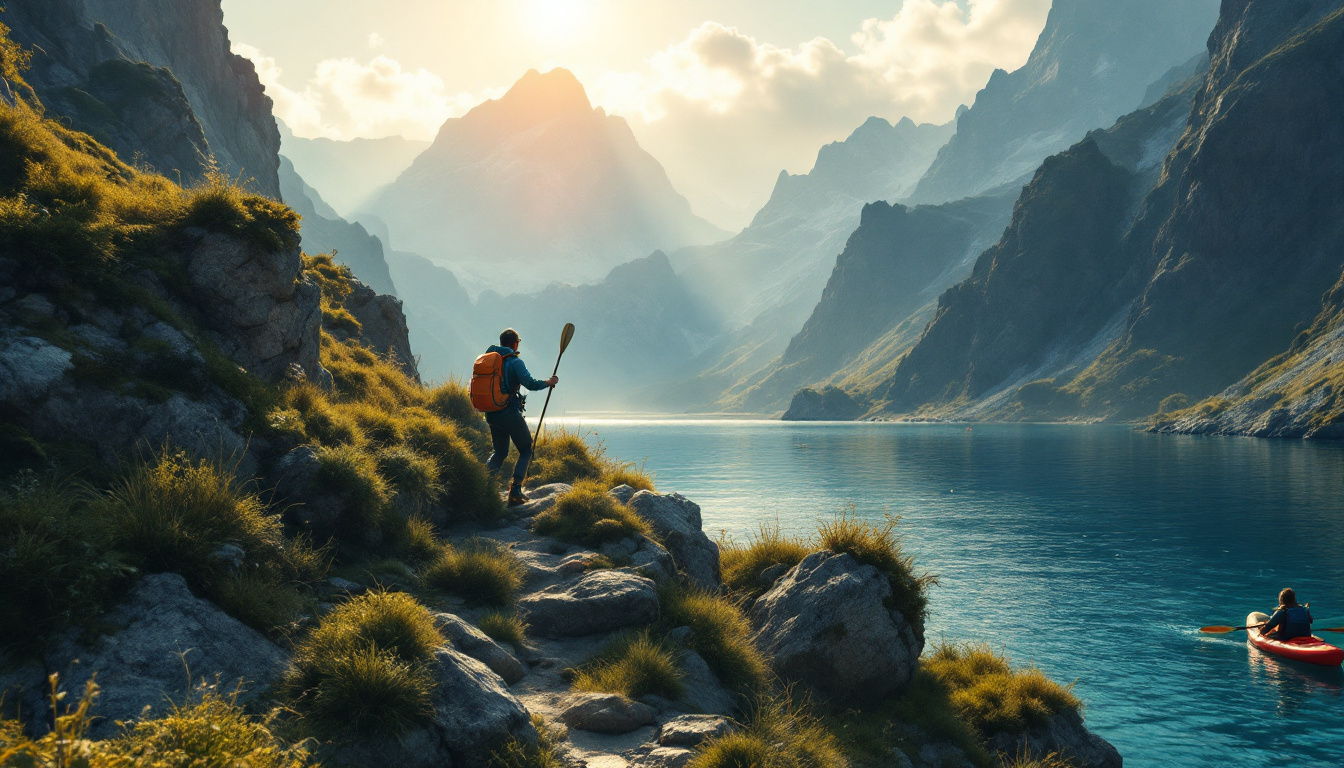 A photograph of capture a photograph of an adventurous traveler navigating a breathtaking landscape