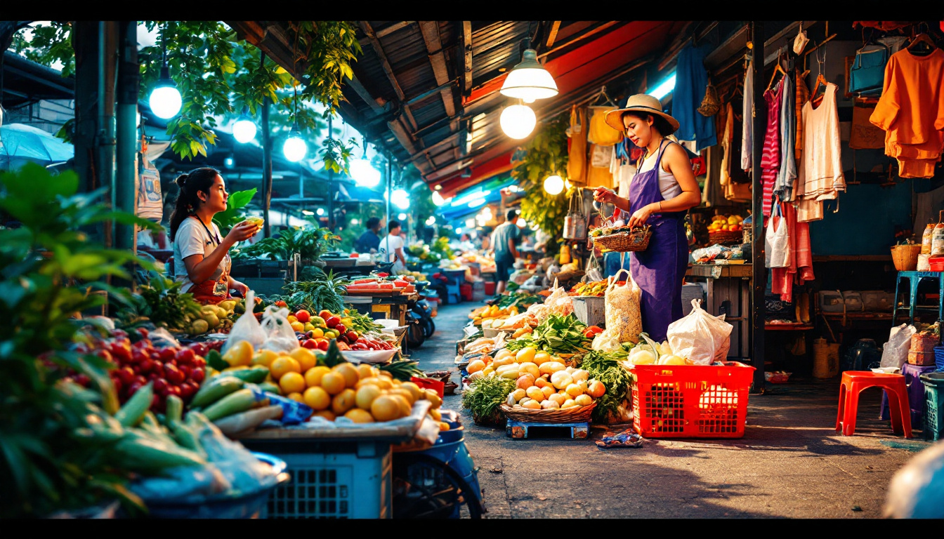 A photograph of capture a photograph of a vibrant local market scene in thailand