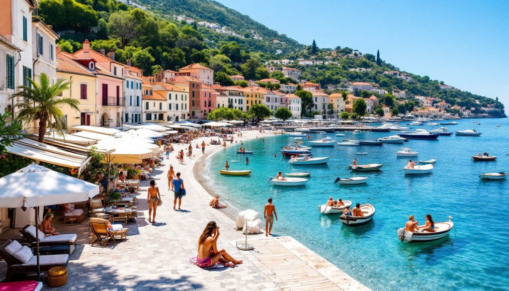 A photograph of a vibrant coastal scene in croatia during the shoulder season