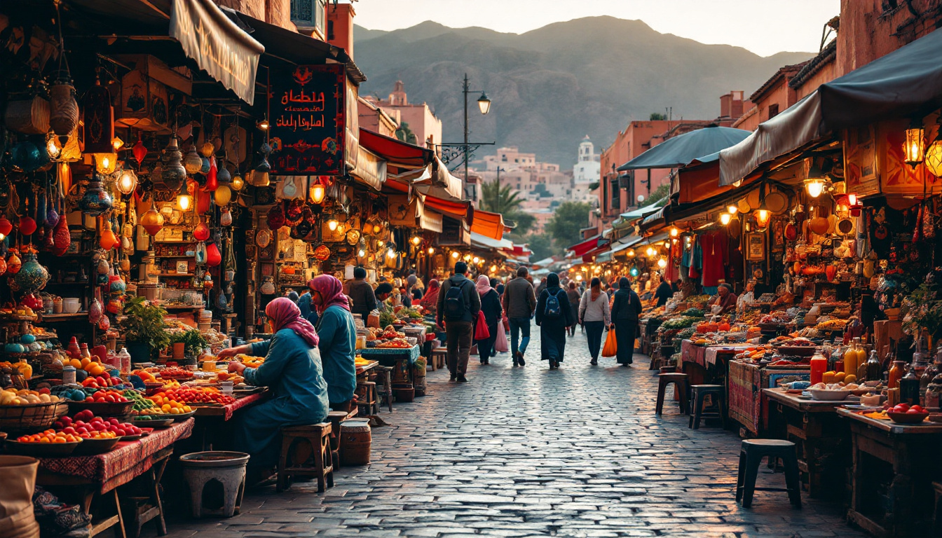 A photograph of a vibrant moroccan market scene during the shoulder season