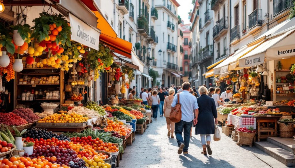 A photograph of a vibrant street market in portugal during the shoulder season
