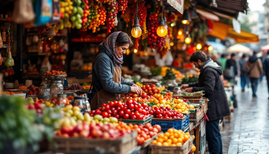 A photograph of a vibrant local market scene in turkey during the shoulder season