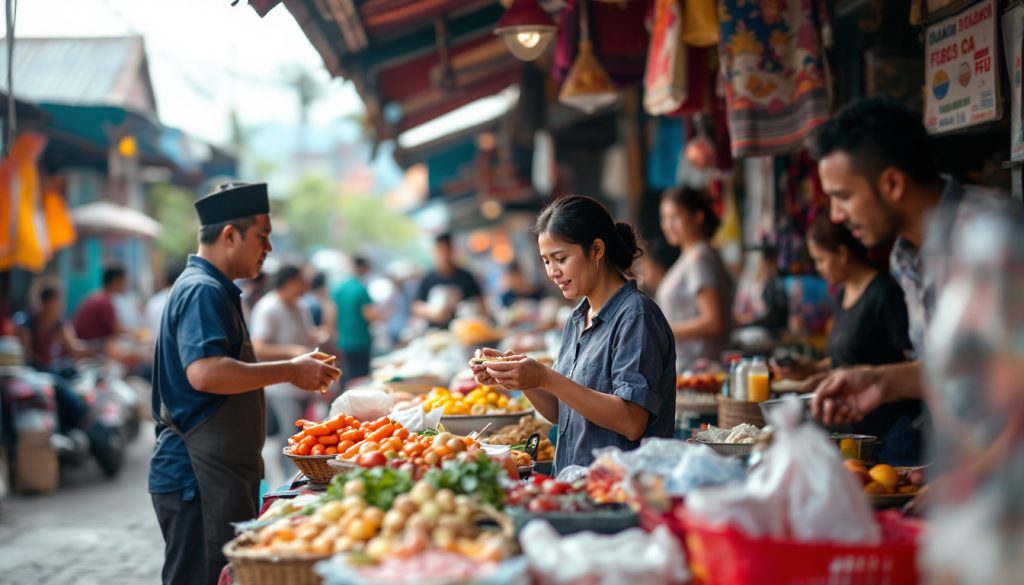 A photograph of capture a photograph of a vibrant local market scene in indonesia