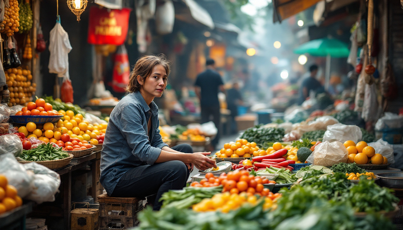 A photograph of capture a photograph of a vibrant vietnamese market scene during the off-peak season