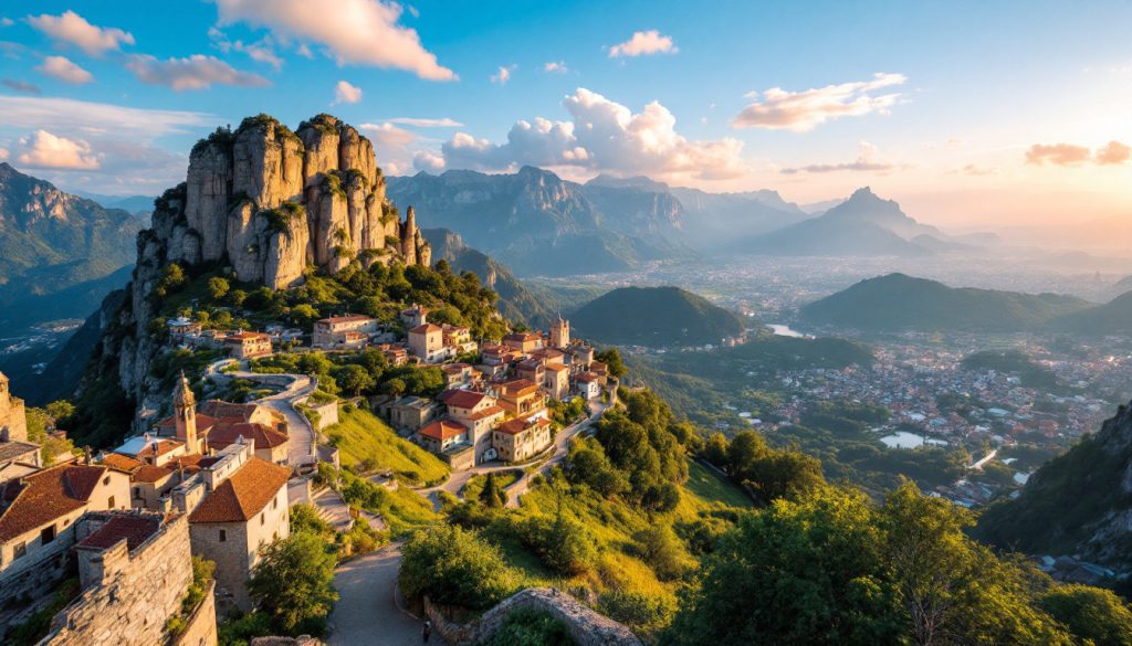 A photograph of a breathtaking landscape or iconic landmark from each of the five featured countries