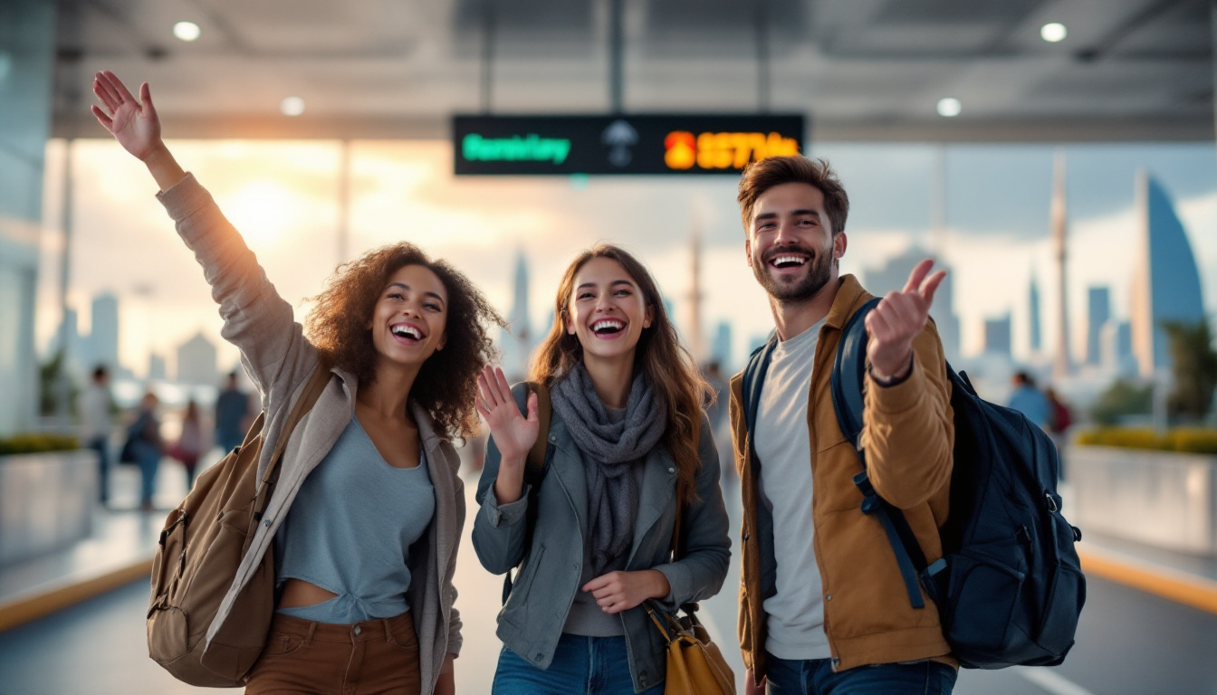 A photograph of a diverse group of travelers joyfully crossing a border checkpoint