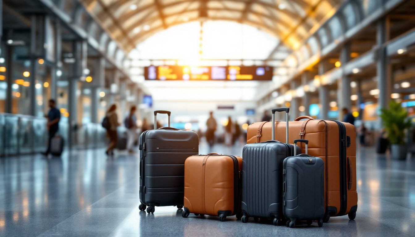 A photograph of a well-organized travel scene featuring an array of stylish luggage pieces