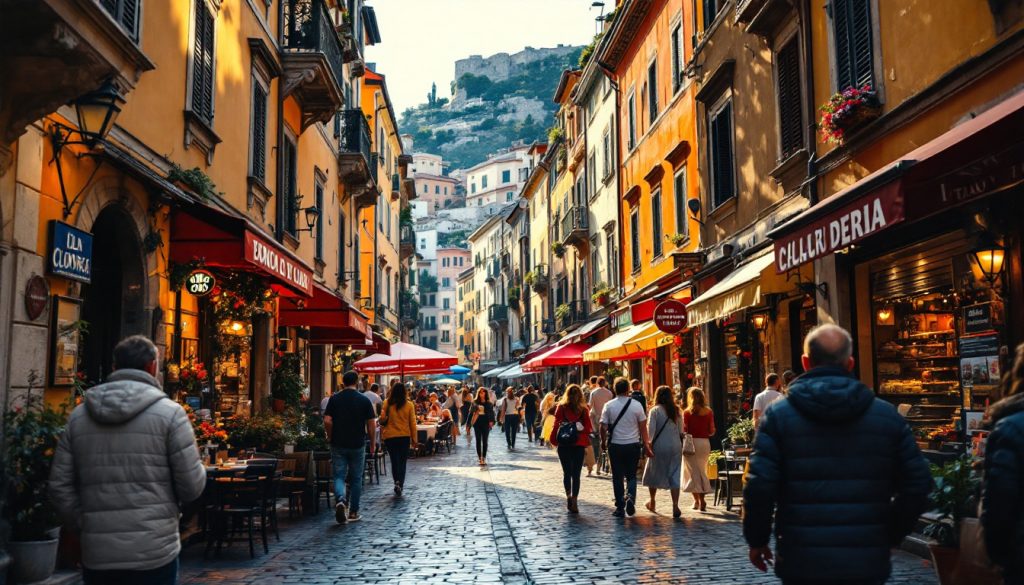 A photograph of a vibrant street scene in one of italy's iconic cities
