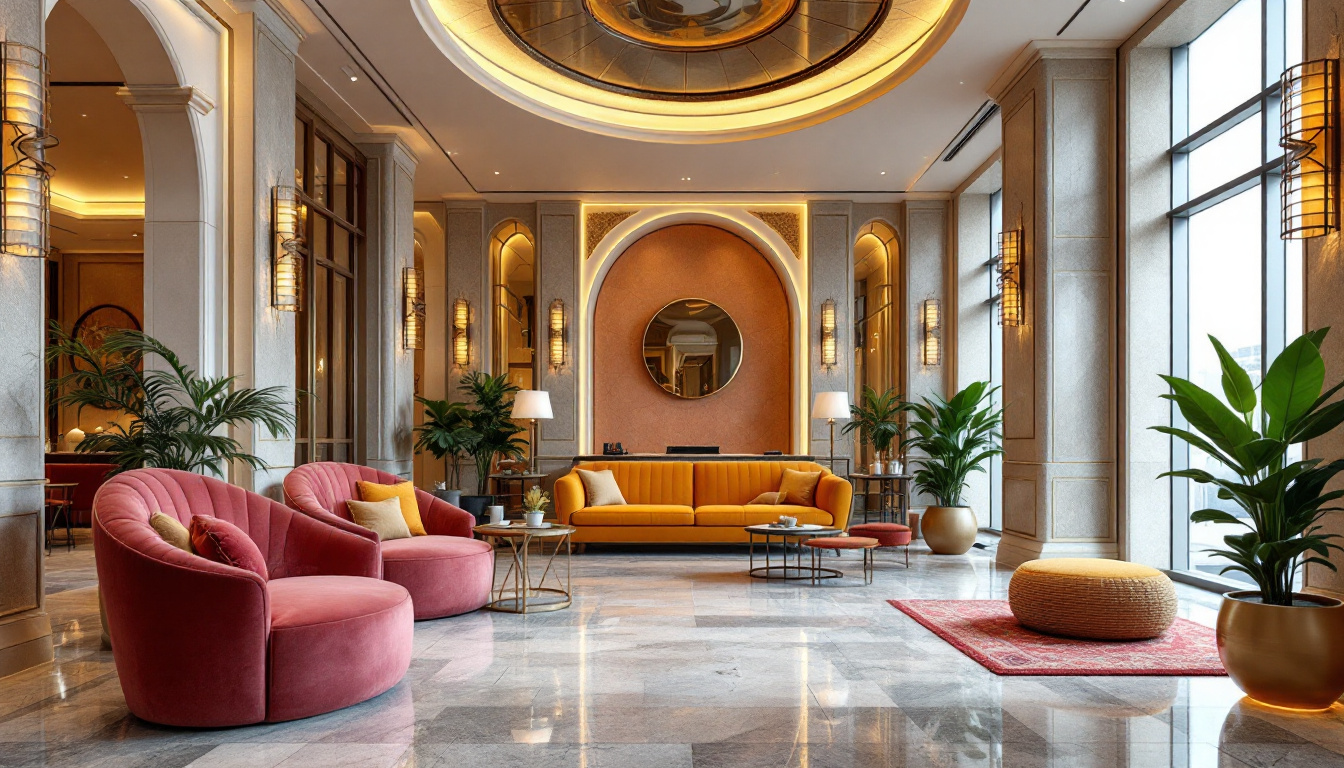 A photograph of an inviting and vibrant hotel lobby in dubai