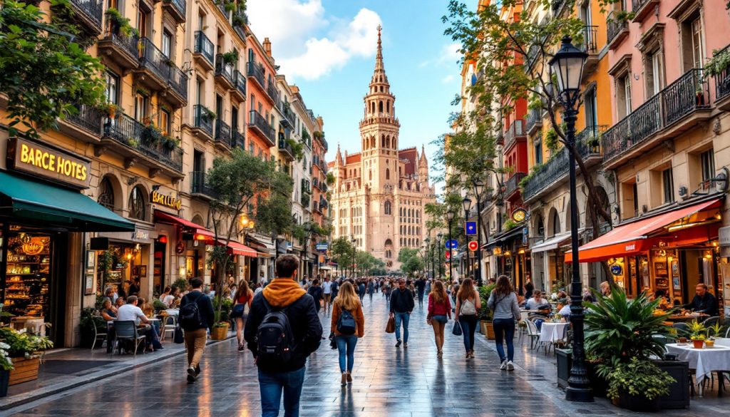 A photograph of a vibrant street scene in barcelona