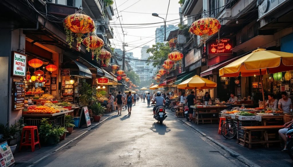 A photograph of a vibrant street scene in bangkok featuring budget-friendly hotels