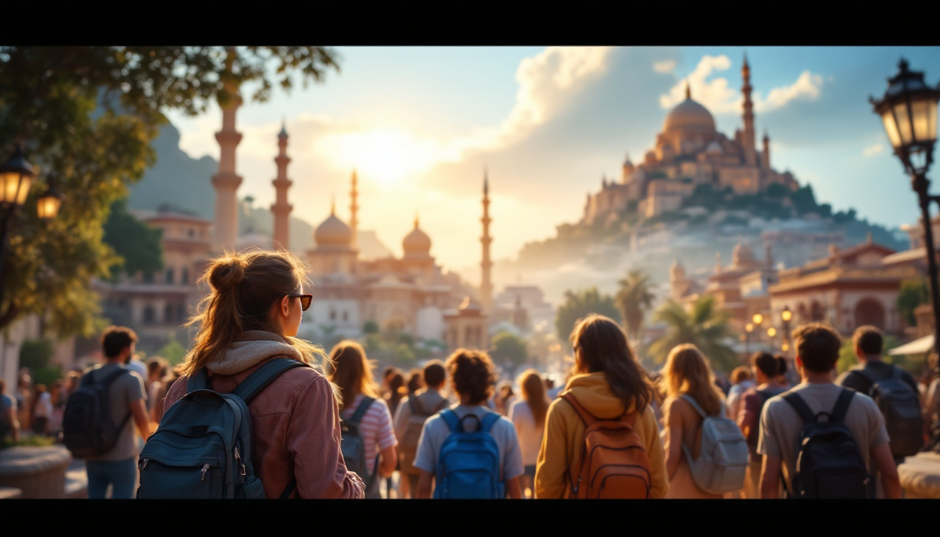 A photograph of a vibrant travel scene showcasing a diverse group of travelers exploring a picturesque destination