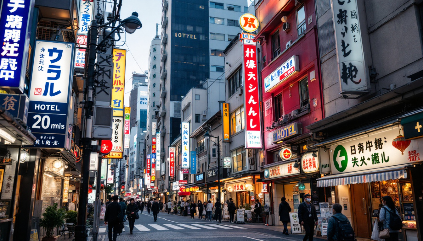 A photograph of a bustling tokyo street scene featuring a mix of traditional and modern architecture