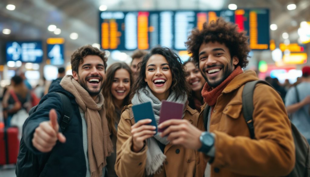 A photograph of a diverse group of travelers enthusiastically showing their passports at a bustling airport
