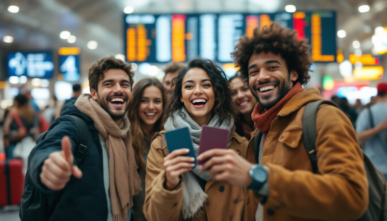 A photograph of a diverse group of travelers enthusiastically showing their passports at a bustling airport