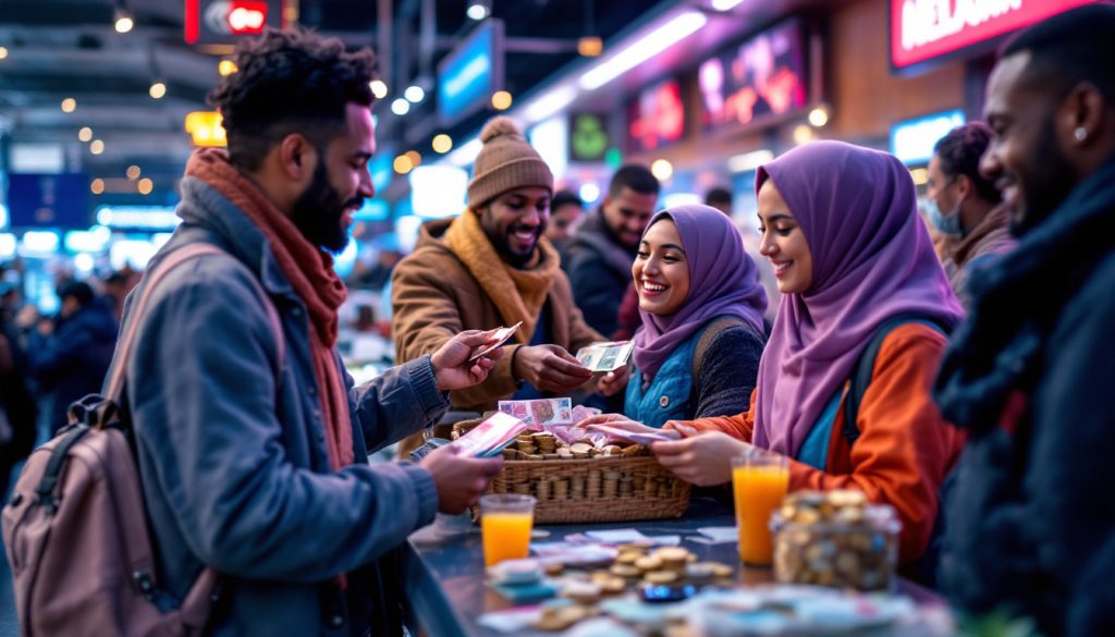 A photograph of capture a photograph of a diverse group of travelers exchanging currency at a bustling airport or vibrant market