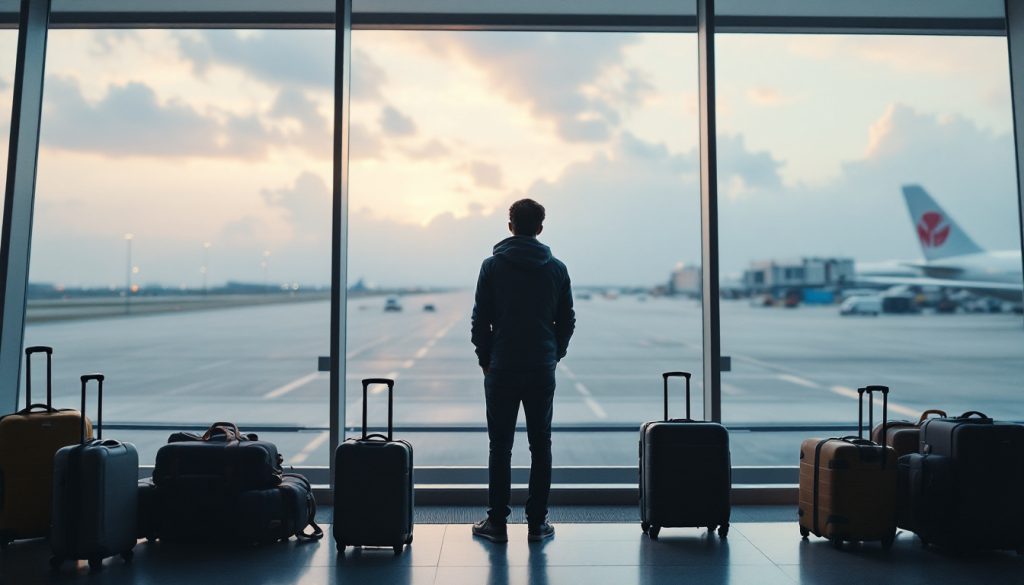 A photograph of a traveler standing at an airport departure gate