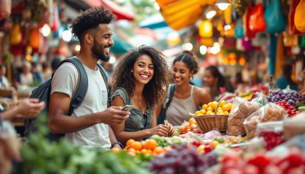 A photograph of a diverse group of travelers joyfully exploring a vibrant local market