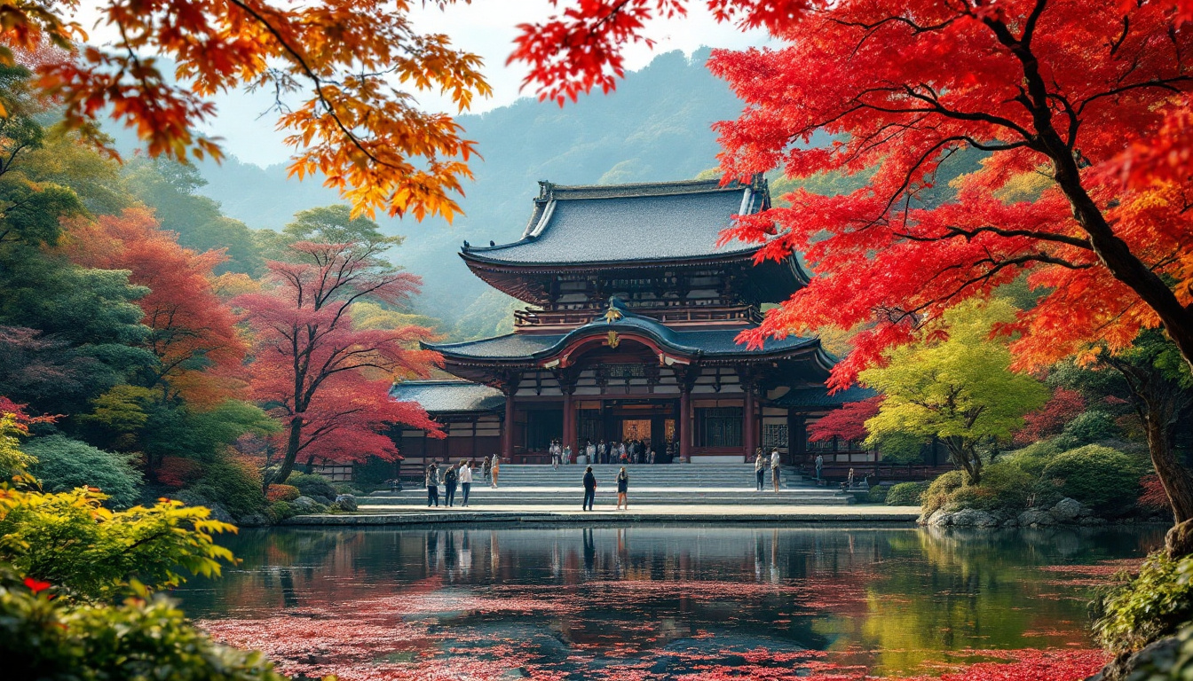 A photograph of capture a photograph of a serene kyoto temple surrounded by vibrant seasonal foliage