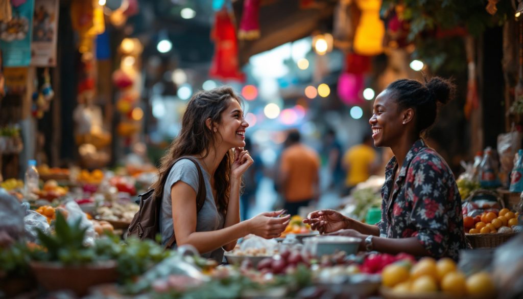 A photograph of a solo traveler engaging with locals in a vibrant street market