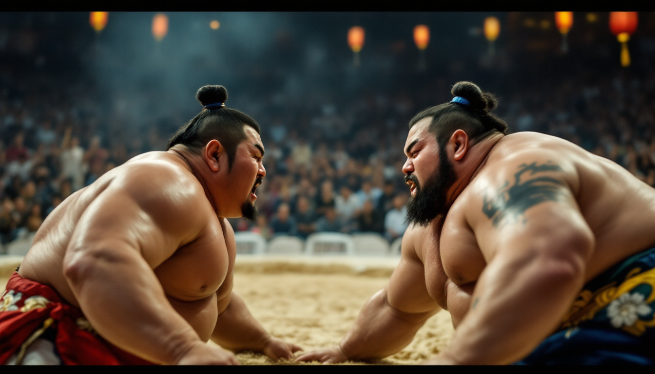A photograph of a vibrant sumo wrestling match in a traditional arena