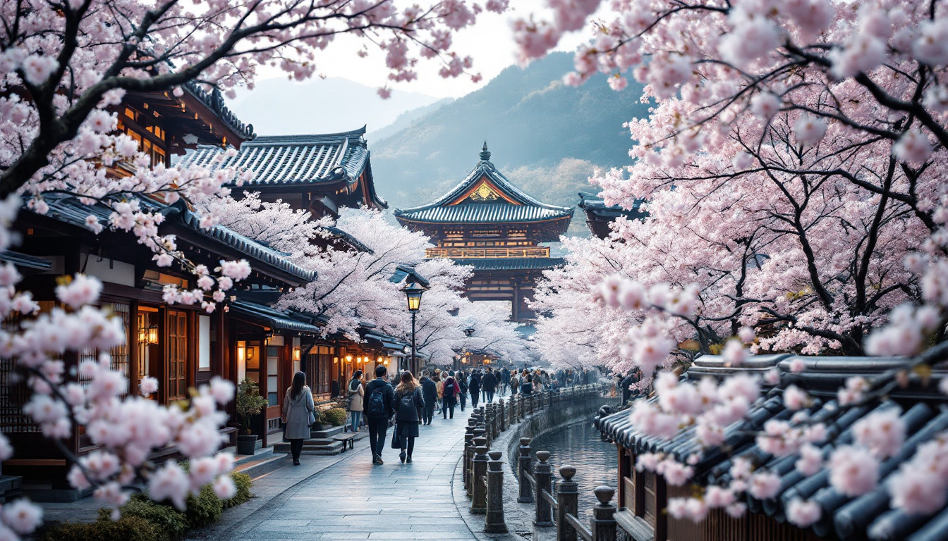 A photograph of capture a photograph of a serene scene featuring cherry blossoms in full bloom