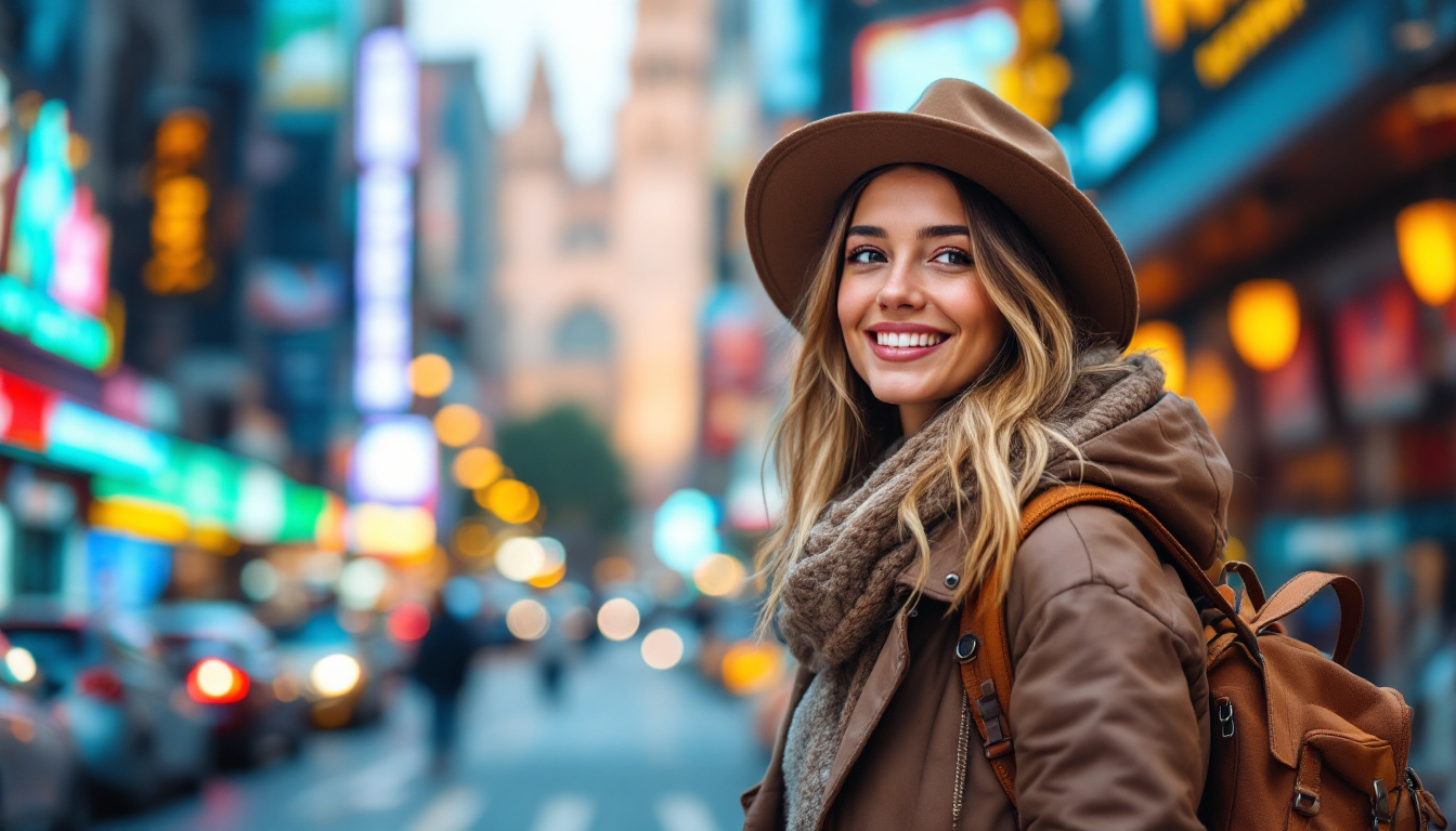 A photograph of a confident solo traveler exploring a vibrant urban environment