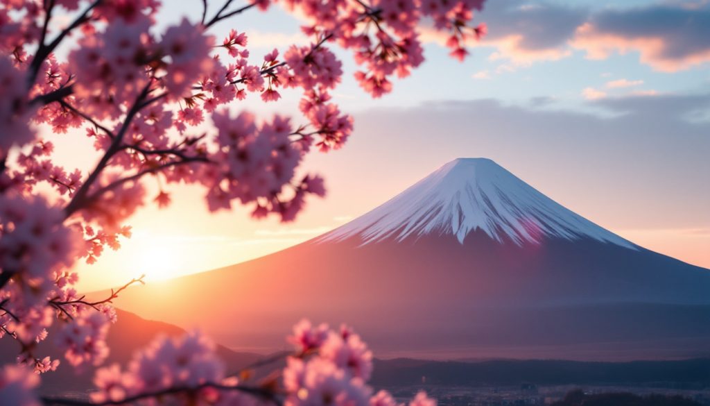 A photograph of capture a photograph of mount fuji at sunrise
