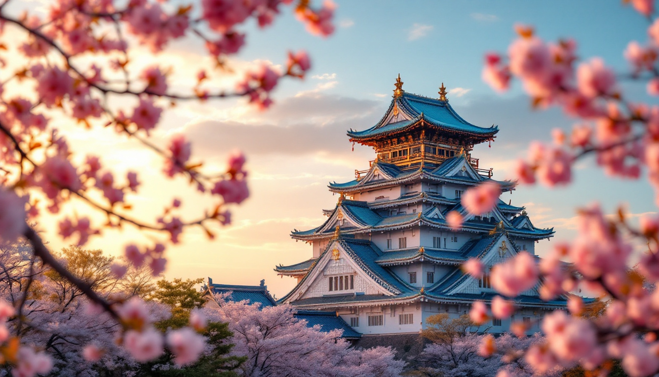 A photograph of capture a photograph of osaka castle during golden hour