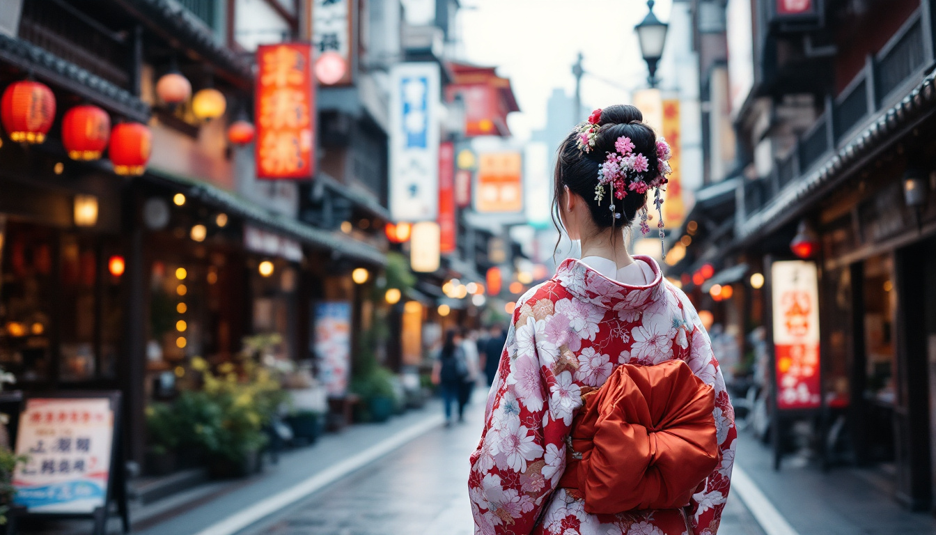 A photograph of a vibrant street scene in japan featuring a person wearing a traditional kimono