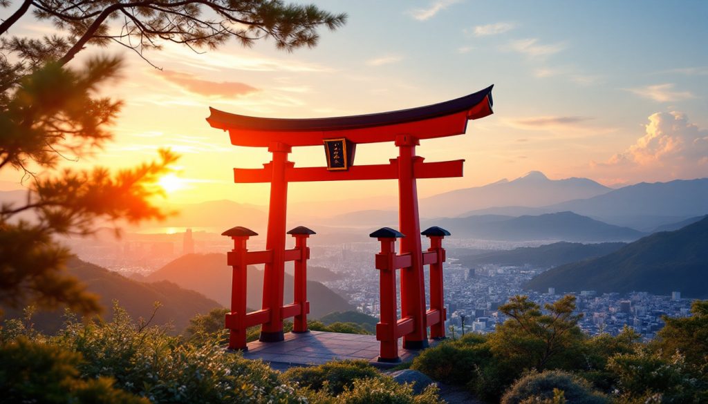 A photograph of capture a photograph of a traditional torii gate framed against a serene japanese landscape