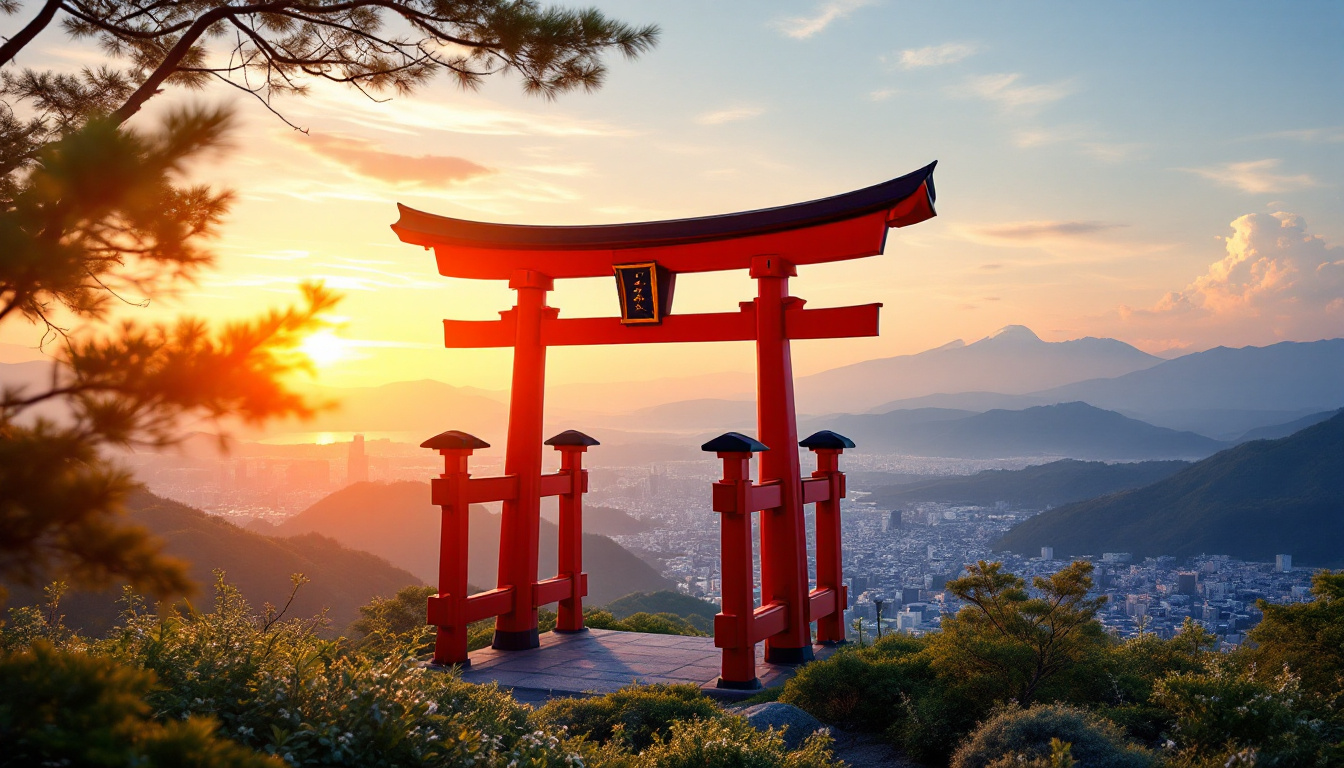 A photograph of capture a photograph of a traditional torii gate framed against a serene japanese landscape