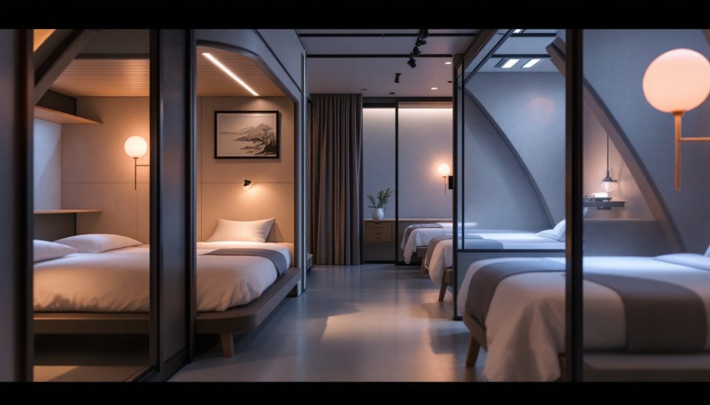 A photograph of a cozy and modern capsule hotel interior