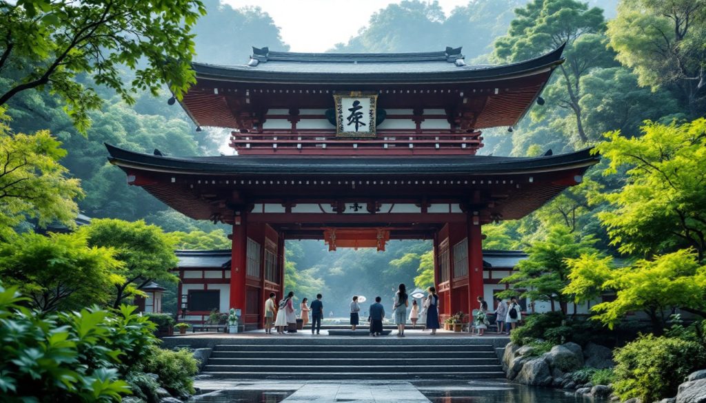A photograph of a serene shinto shrine surrounded by lush greenery