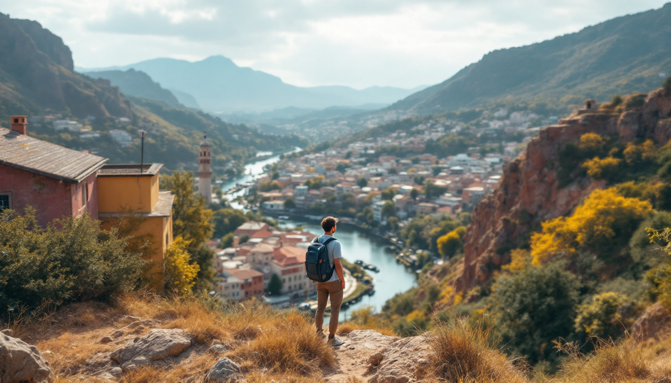 A photograph of a lone traveler exploring a vibrant destination