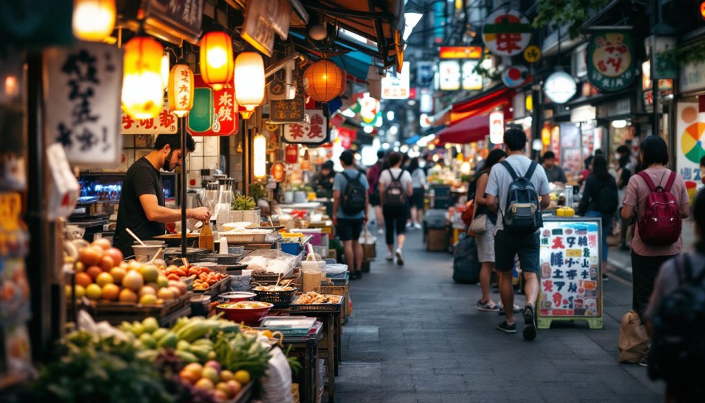 A photograph of a vibrant street market in japan