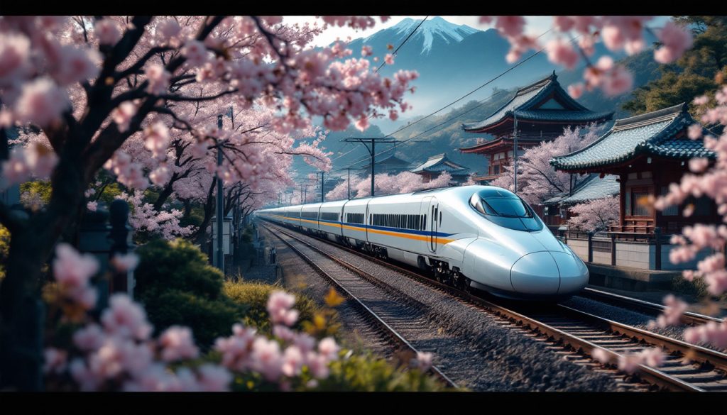 A photograph of capture a photograph of a sleek shinkansen train speeding through a picturesque japanese landscape